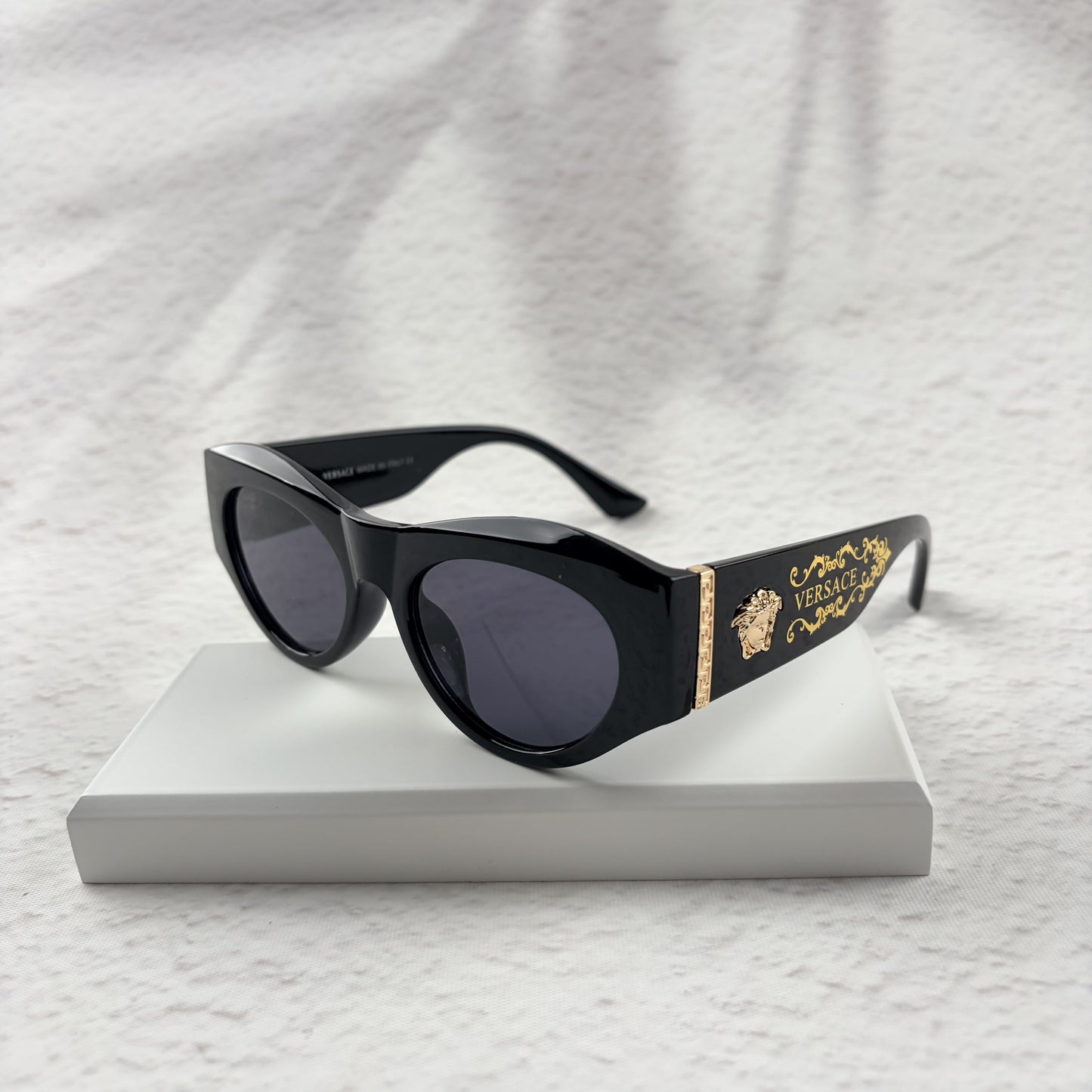 Classic Black Cat-Eye Sunglasses with Gold Baroque Temples