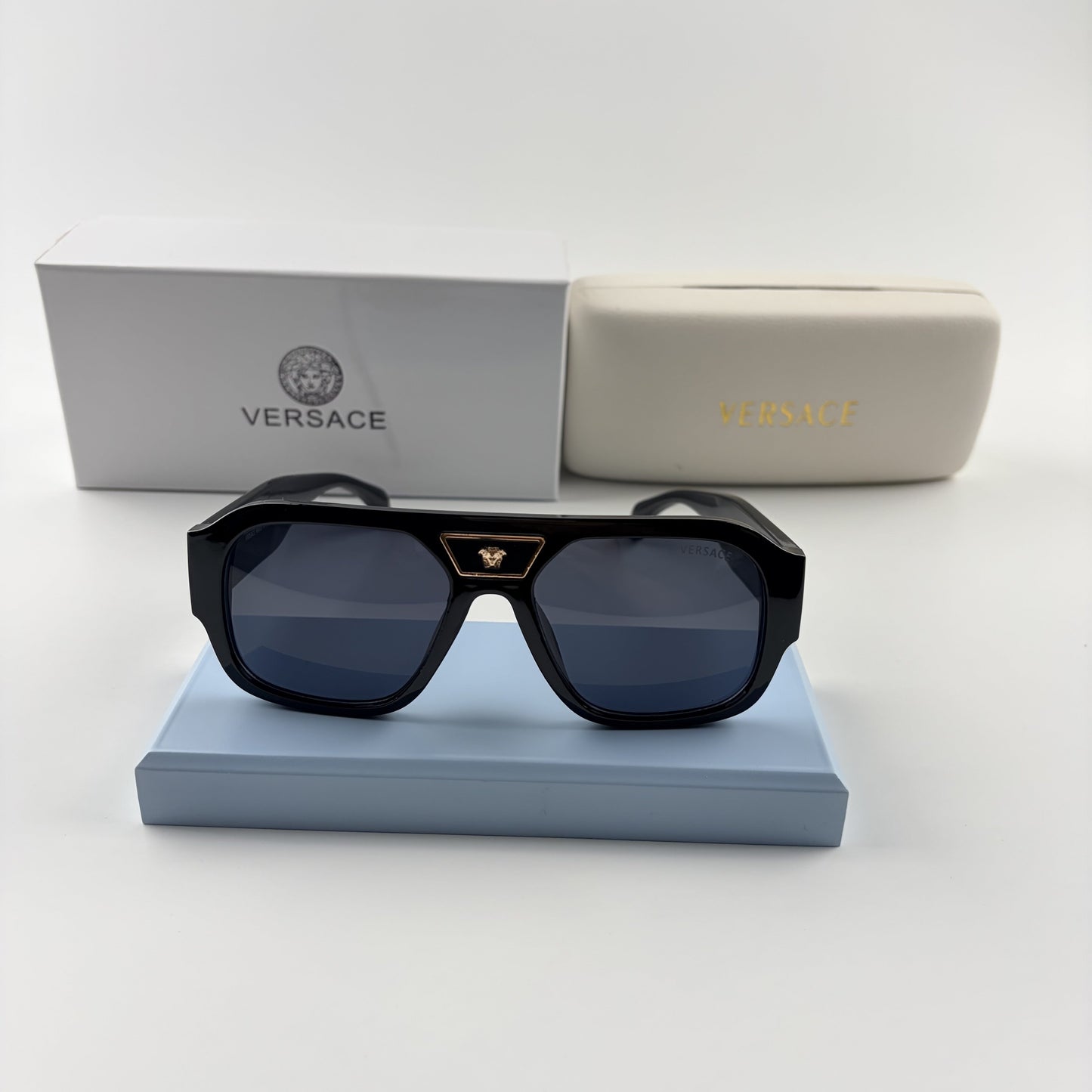Premium Oversized Aviator Sunglasses - Gold Medusa Accent Black Frame